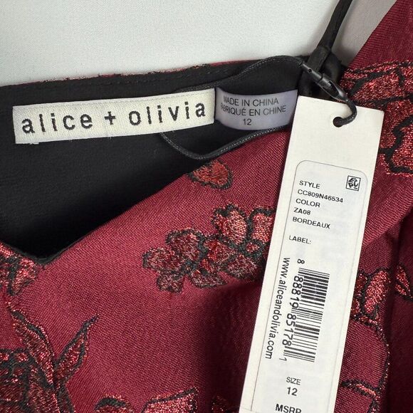 Alice + Olivia Anette Party Jacquard Metallic Pleat Mini Dress Bordeaux Red 12 - Picture 7 of 8